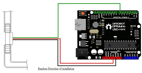 Exemple de raccordement du capteur de liquide SEN0509 avec une platine compatible Arduino