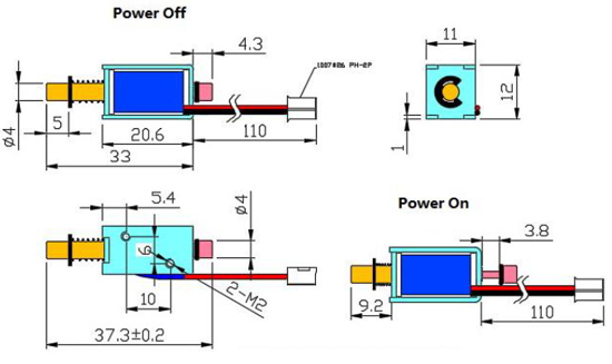 Dimensions du solénoïde électro-aimant 12V 6W